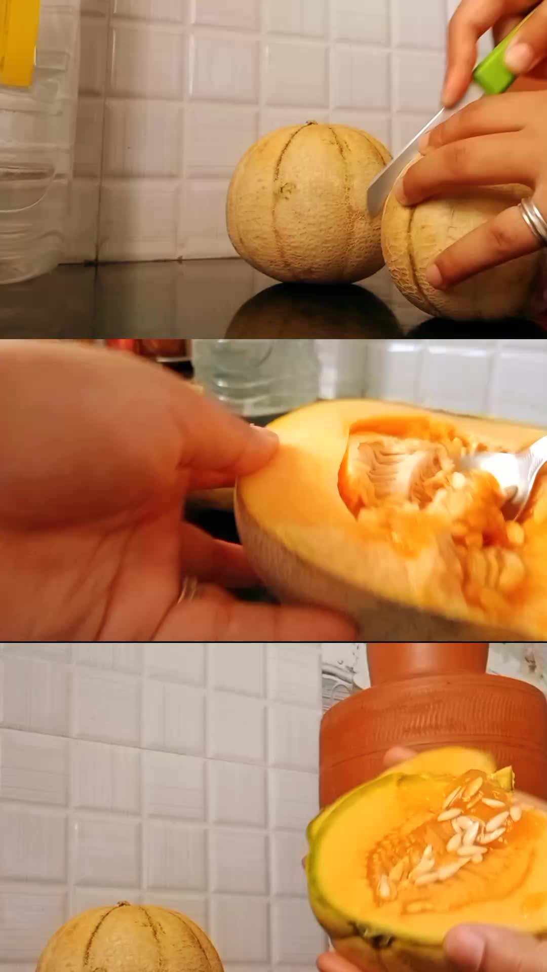 This may contain: the process of cutting melon into pieces