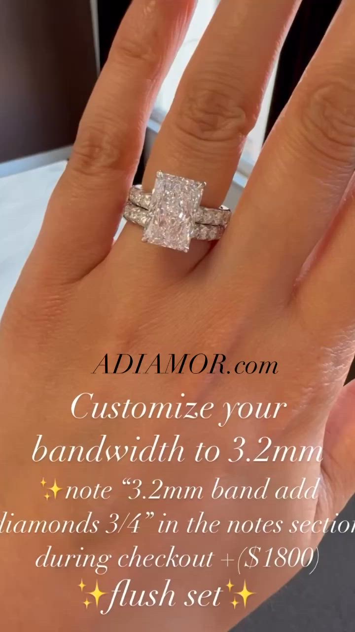 This contains: Video of 4 carat radiant, cut, diamond ring, shown on hand.