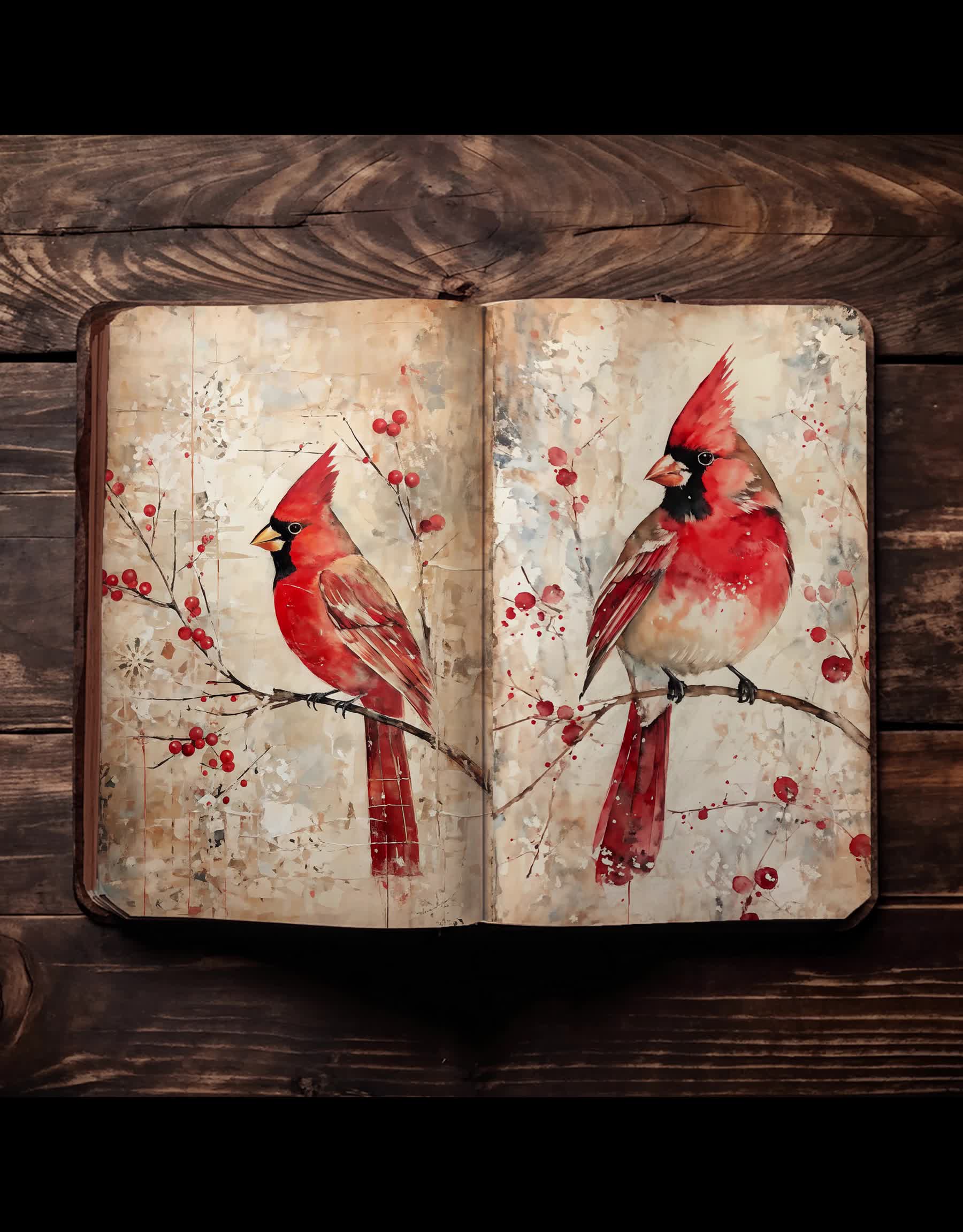 This may contain: an open book with two red birds painted on it's pages, sitting on top of a wooden table