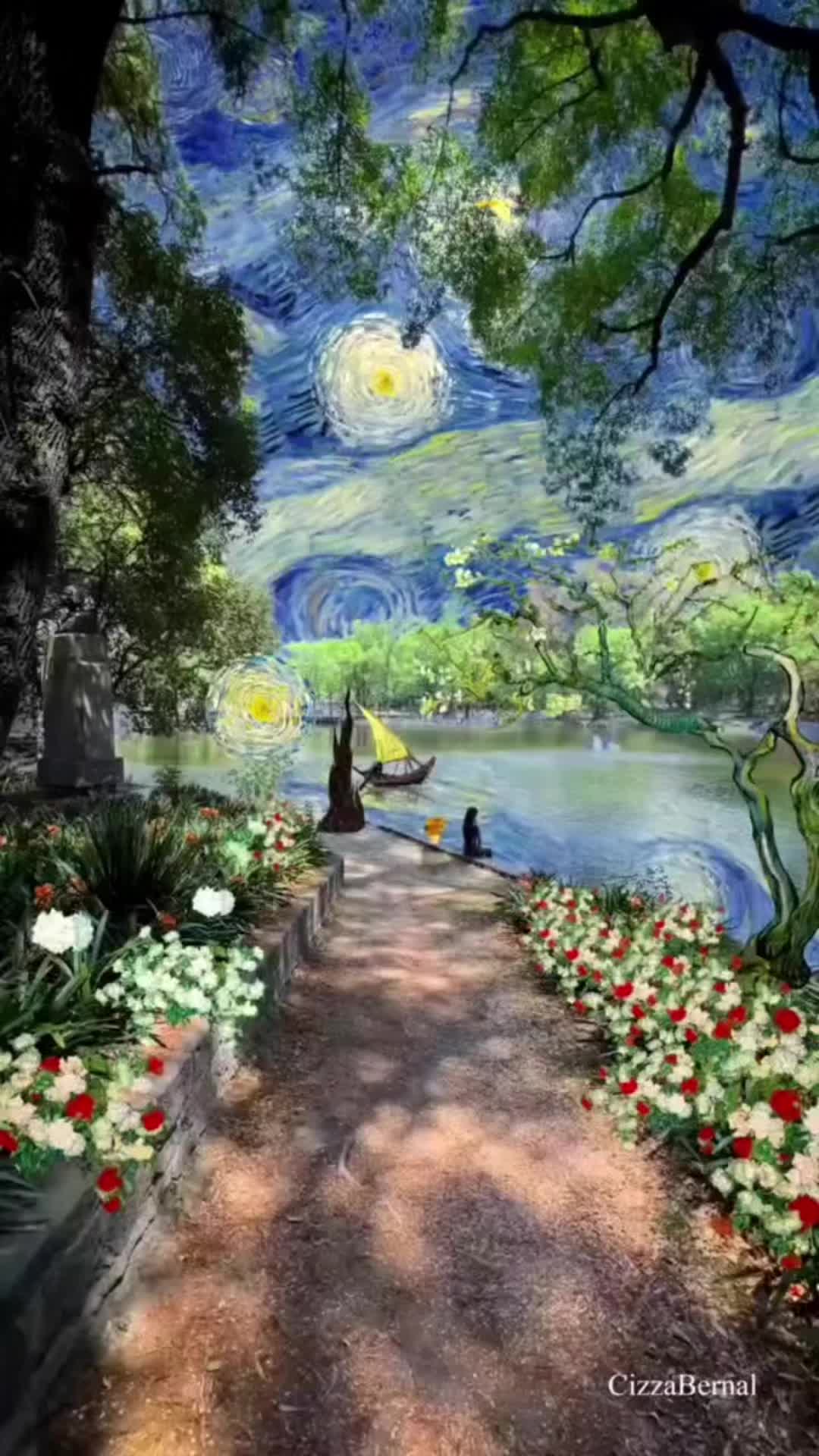 This may contain: a painting of a path leading to a lake with flowers in the foreground and trees on either side