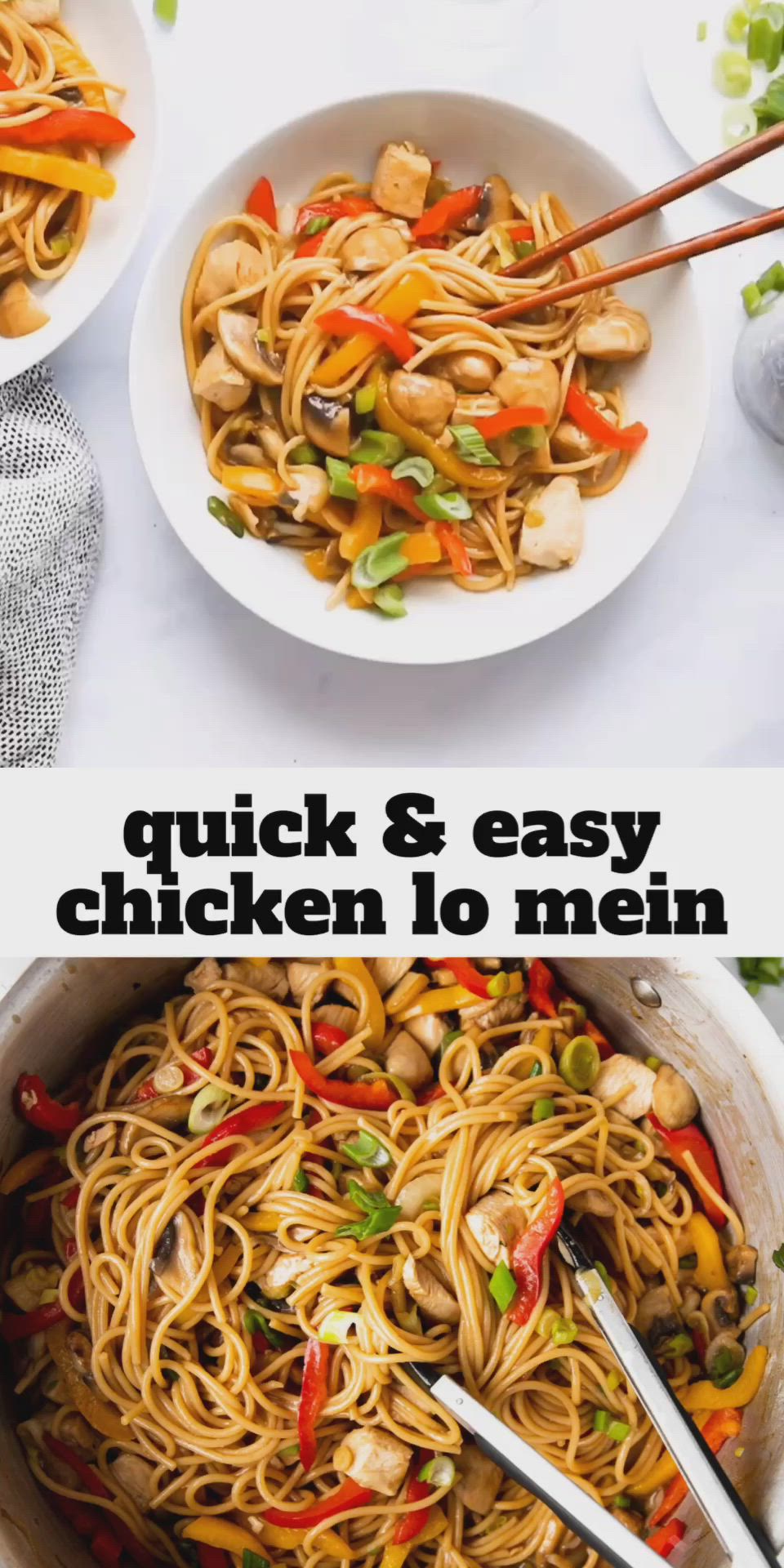 This may contain: an easy chicken lo mein recipe in a pan with chopsticks