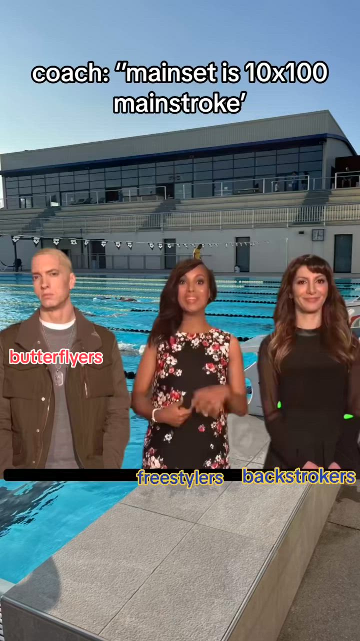 This may contain: three people standing in front of a swimming pool with the caption coach's mainst is 10x10