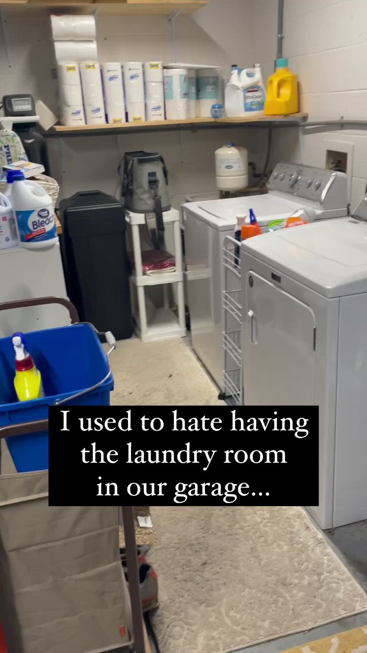 This may contain: a washer and dryer in a room with the words now it feels like an actual laundry room