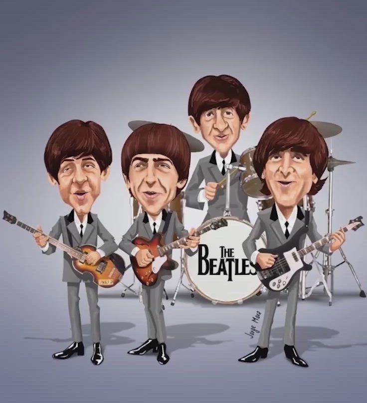 This may contain: the beatles are holding their guitars and posing in front of an image of them on a drum