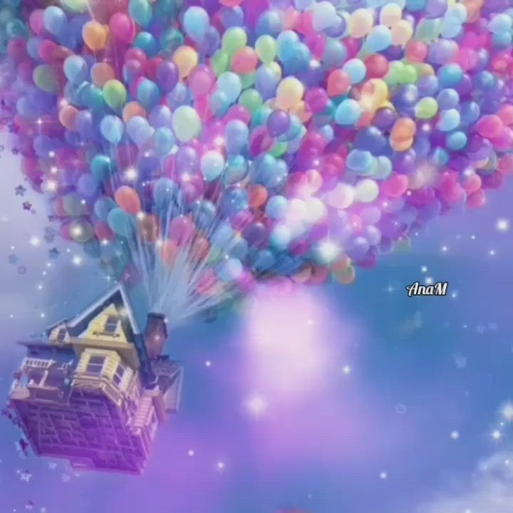 This may contain: a bunch of balloons floating in the air over a house and sky with stars on it