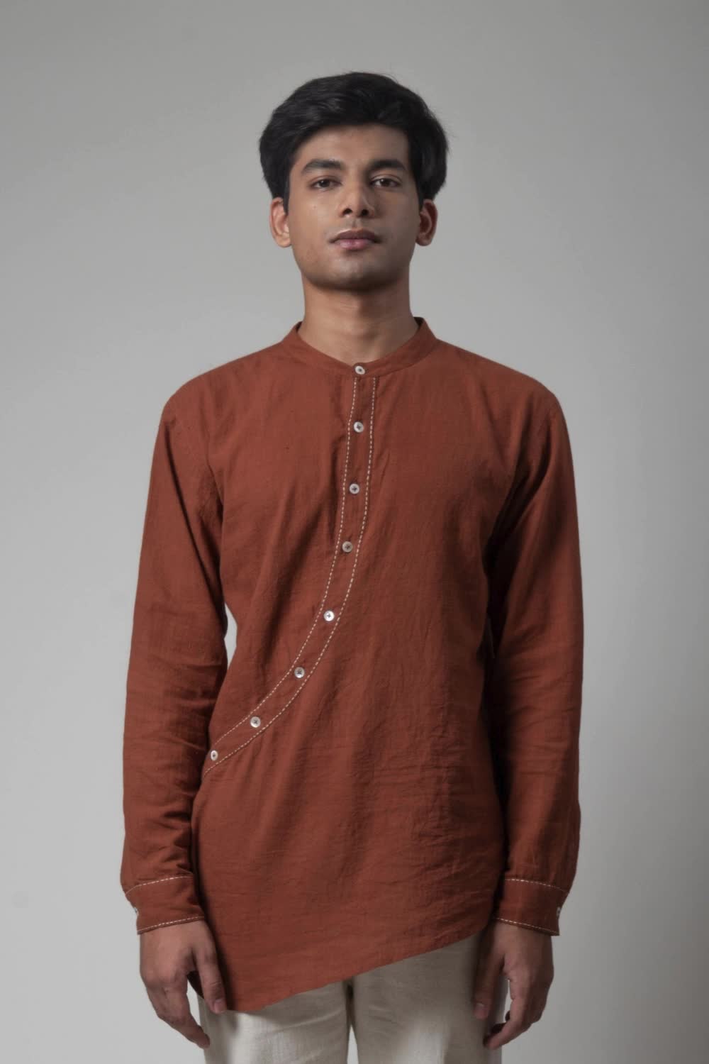 This contains: Brown Cotton Shirt | Brown Shirt | Angrakha Shirt