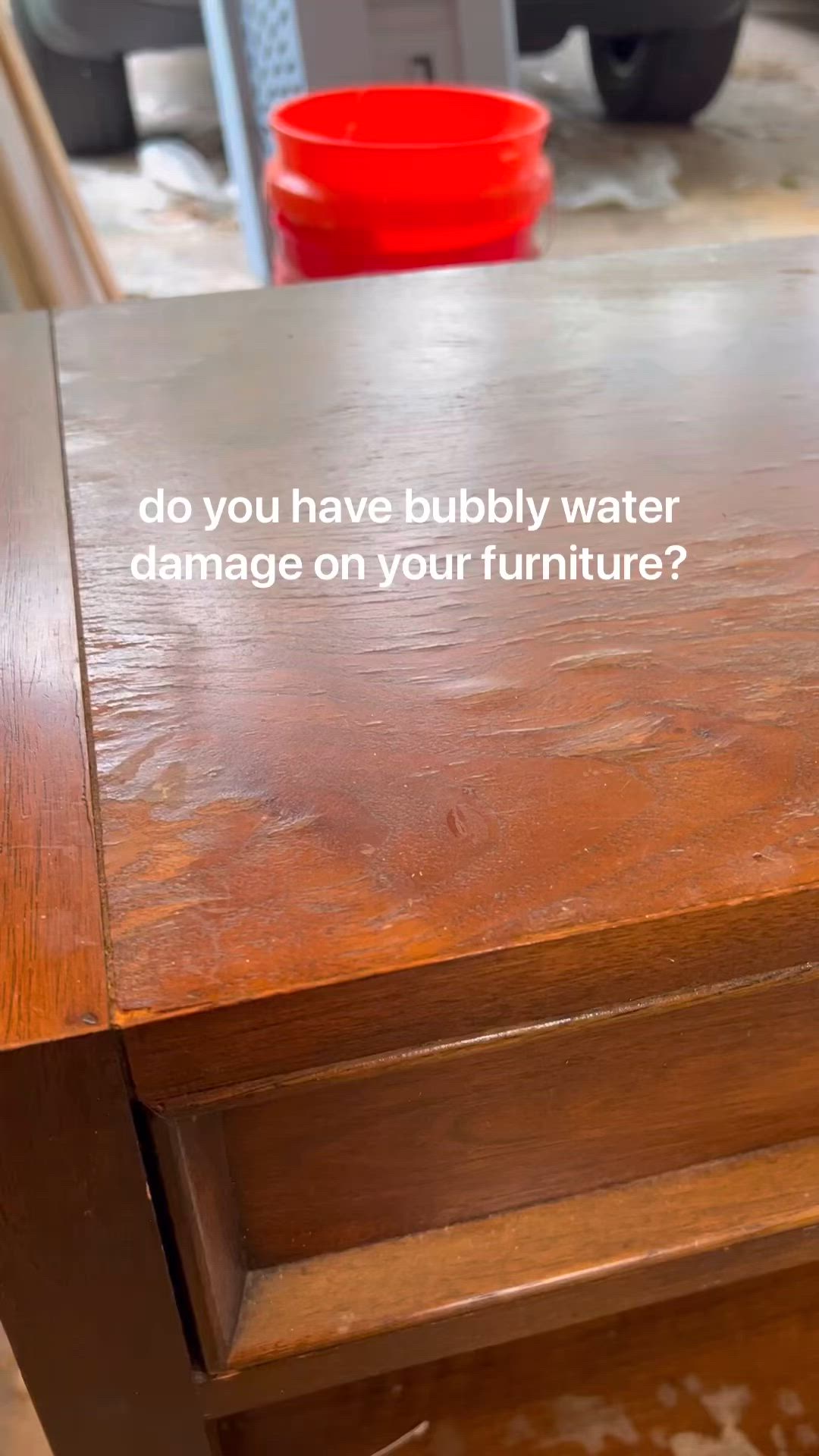 This may contain: a wooden table with a sign on it that says do you have bubbly water damage on your furniture?