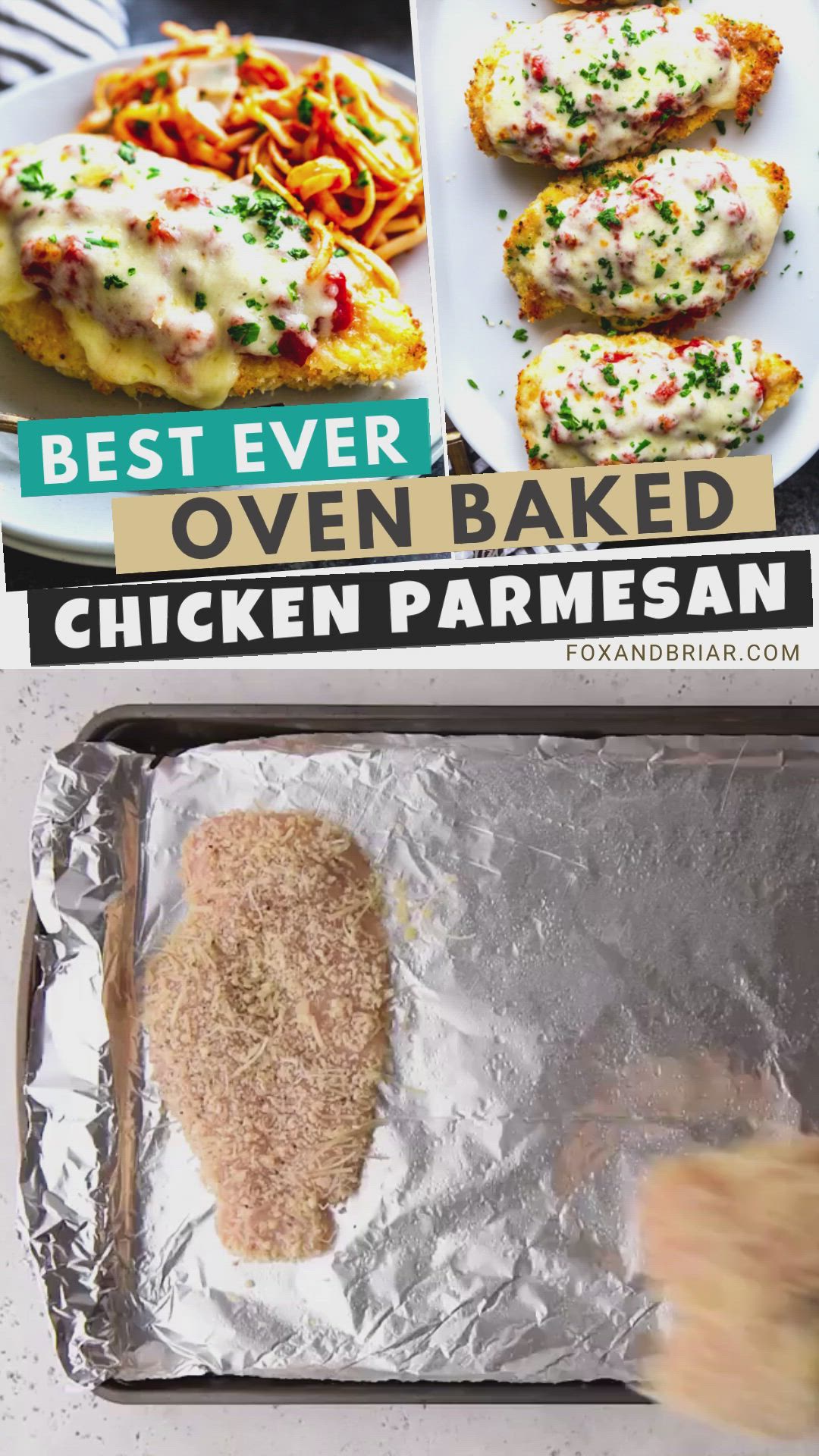 This may contain: the best ever oven baked chicken parmesan is in this collage and it's easy to make