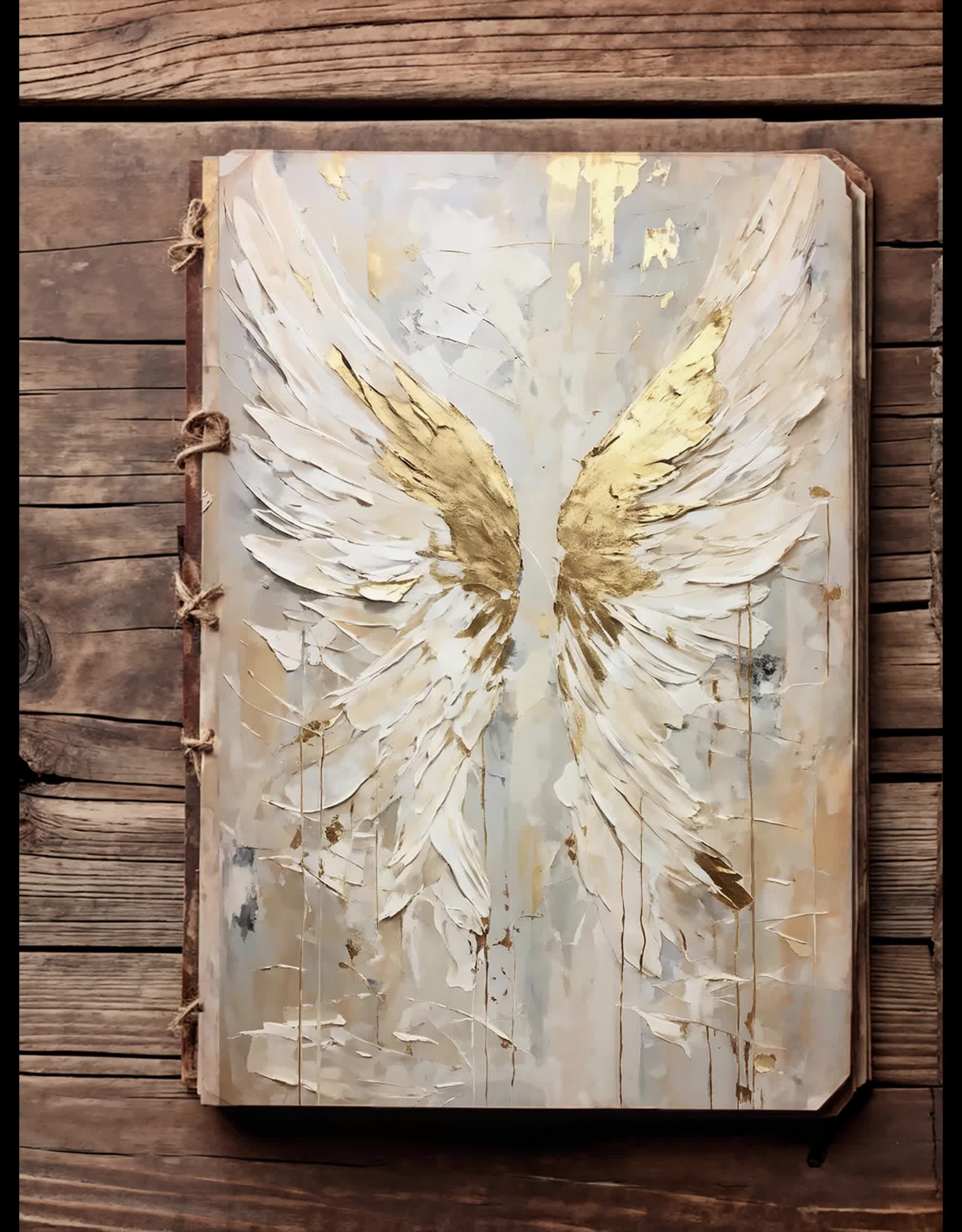 This may contain: an old book with gold wings on it sitting on a wooden table next to a wall