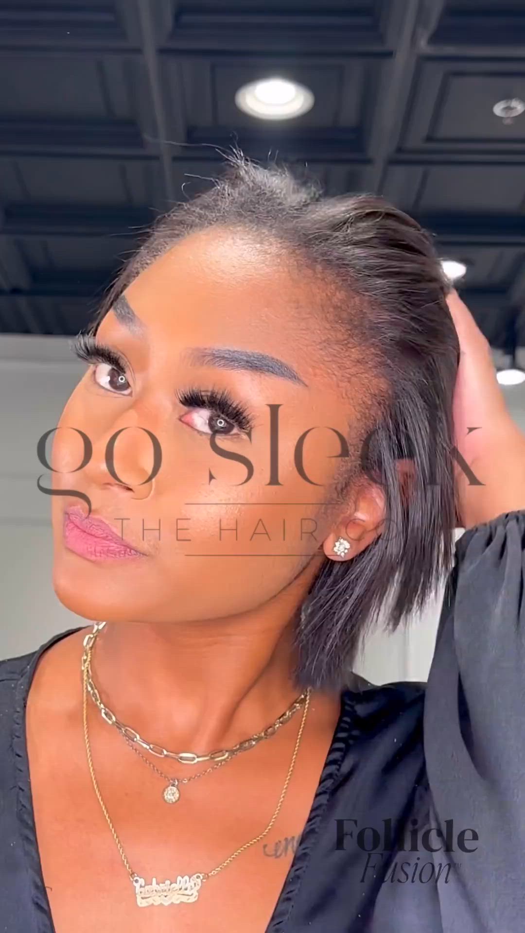 How to install human hair clip in hair extensions on short hair. Model is wearing Go Sleek Follicle Fusion Clip In Hair Extensions. 2 sets of 16 inch, body wave texture.