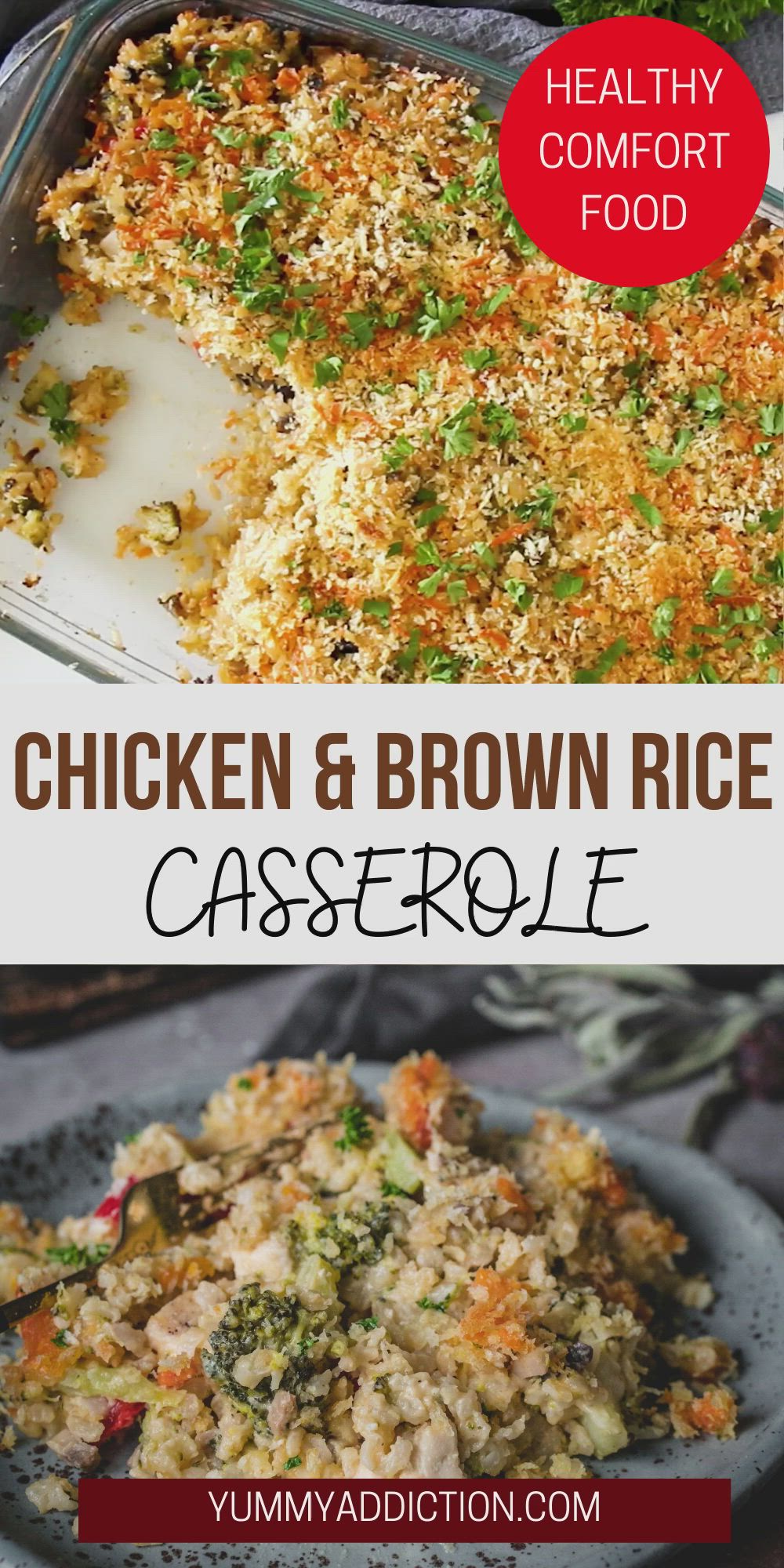 This may contain: chicken and brown rice casserole with text overlay