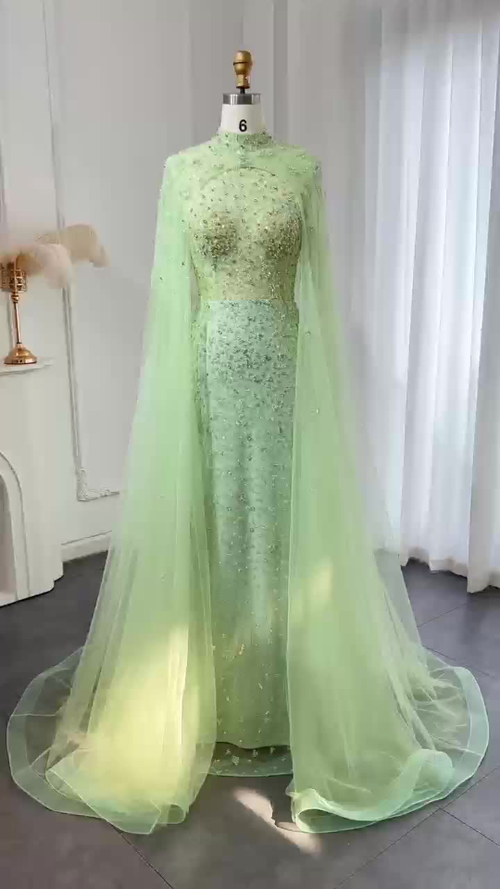 This contains an image of: Dreamy Vow Luxury Dubai Pink Muslim Evening Dress with Cape Long Sleeves Mermaid Sage Green Arab Women Wedding Party Gown SS202