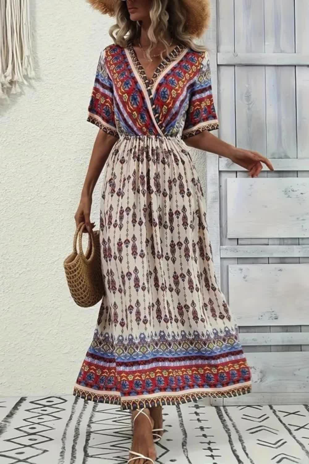 Introducing our Boho Style Abstract Print Wrap Dress, the epitome of effortless elegance for your vacation wardrobe. With its captivating abstract print and chic wrap design, this dress exudes bohemian charm. The elegant short sleeves and A-line silhouette ensure both style and comfort, making it a perfect choice for your getaway adventures.