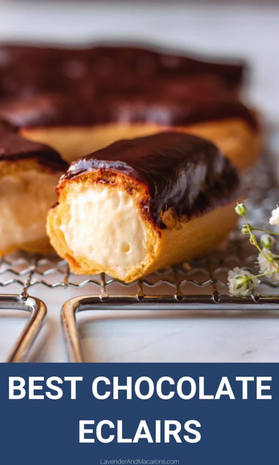 This may contain: chocolate eclairs on a cooling rack with the words best chocolate eclairs