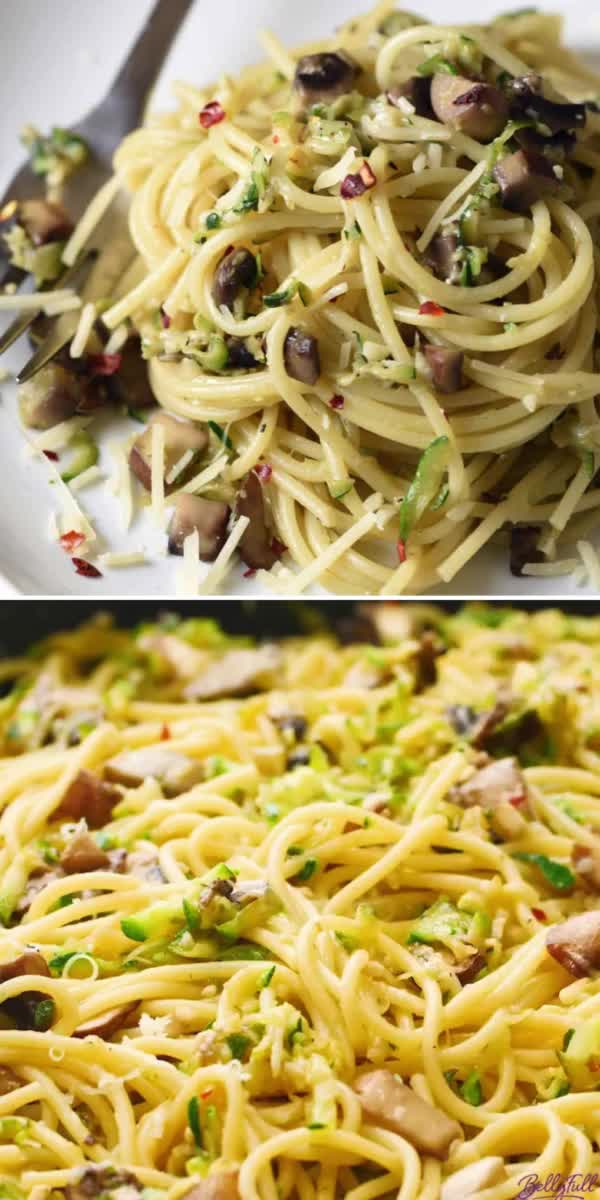 This contains: Quick and ideal for simple dinner ideas and busy weeknight dinners, this Mushroom and Zucchini Pasta recipe comes together in 20 minutes! Featuring pasta, zucchini, mushrooms, garlic, olive oil, and parmesan cheese, it’s a satisfying meal!