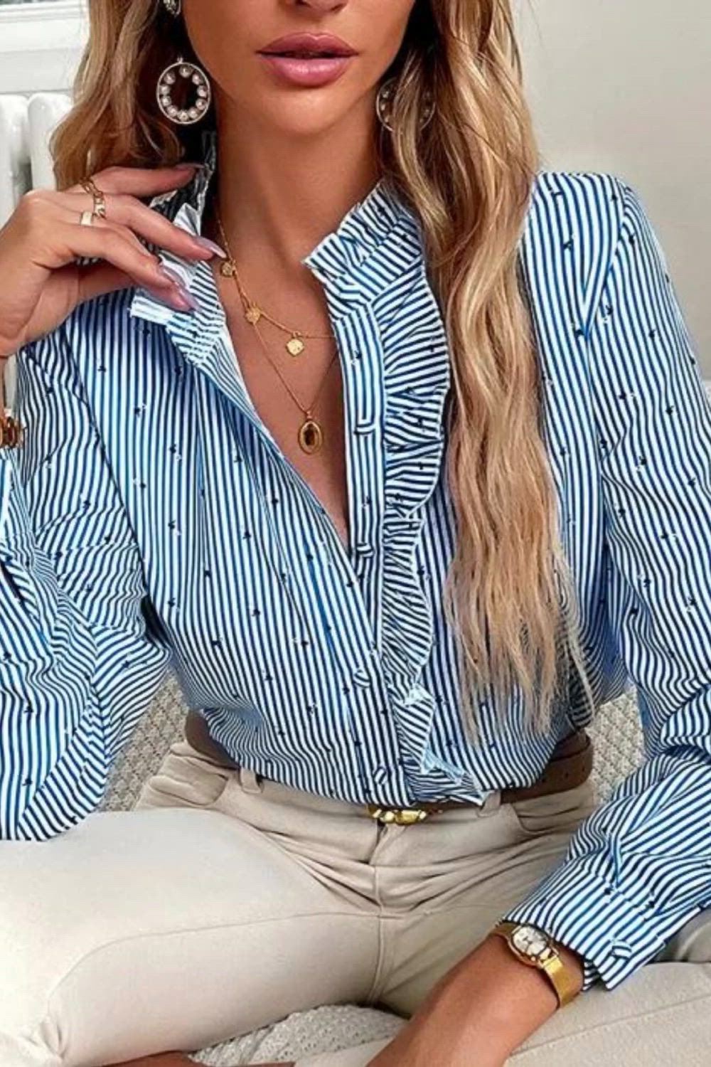 This contains an image of: Women's Fashion Casual Striped Print Long Sleeve Blouse