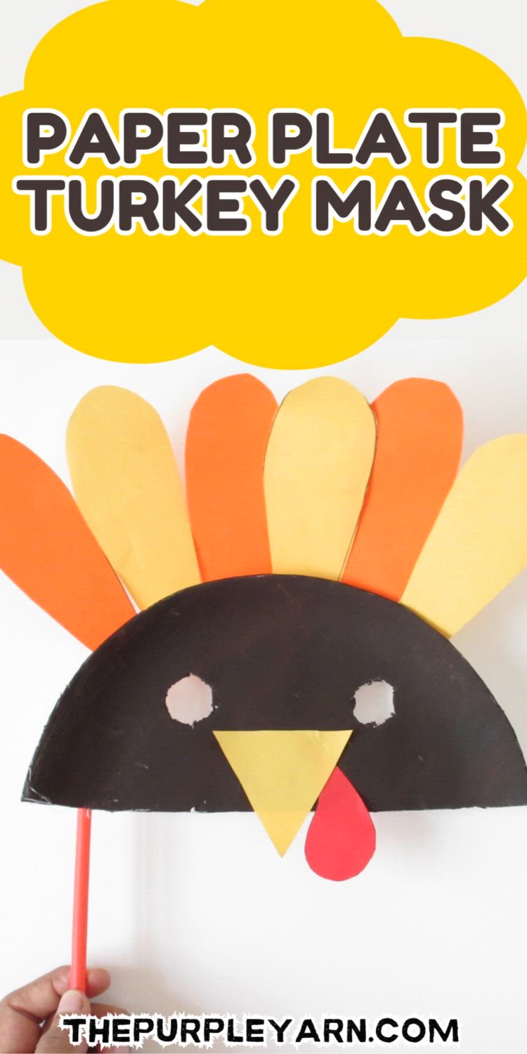 This may contain: a paper plate turkey mask with the words thanksgiving craft on it and a hand holding a stick