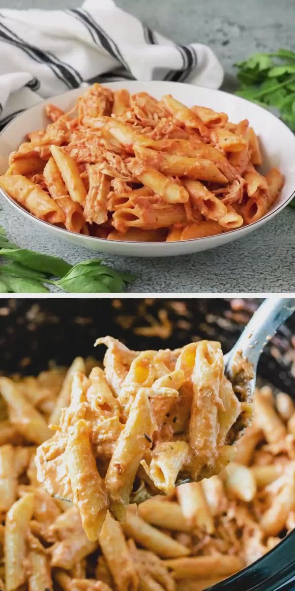 This may contain: two pictures with different types of pasta in them and the words crammy chicken pasta