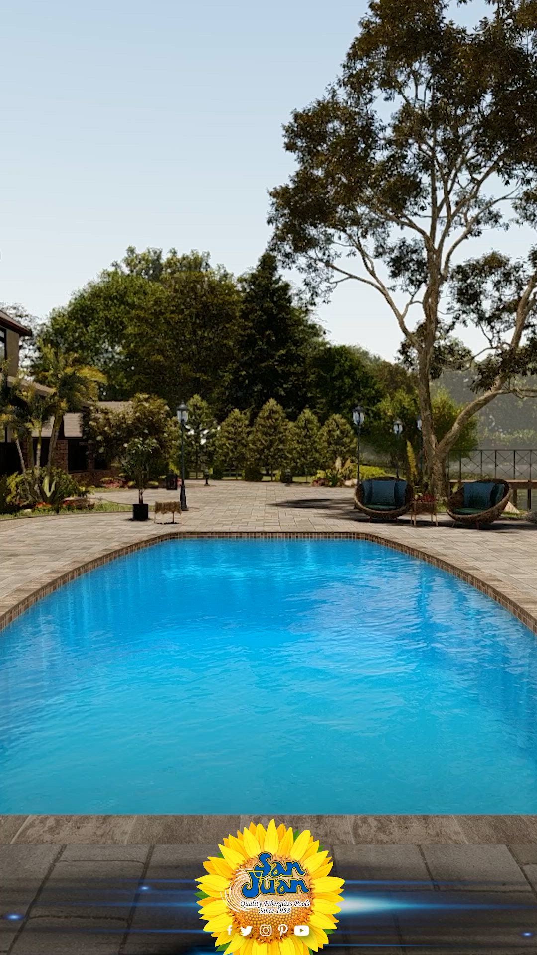 This may contain: an empty swimming pool with a sunflower on the edge and trees in the background