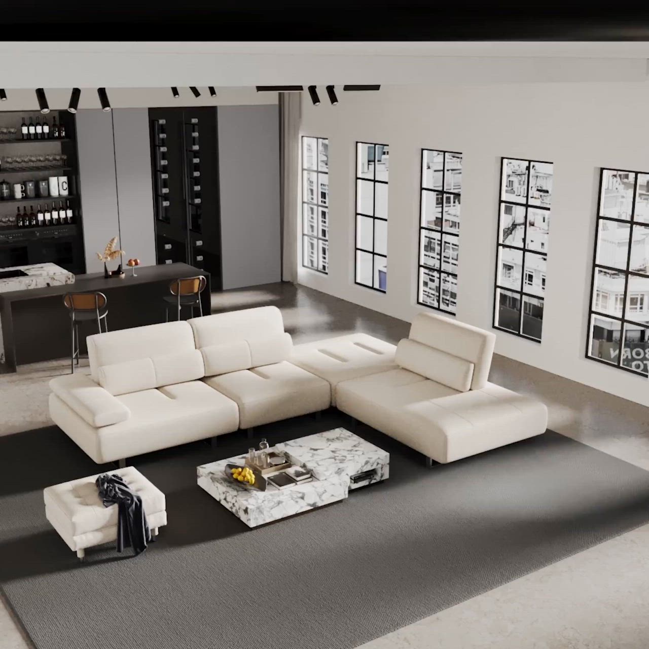 This may contain: a modern living room with white leather furniture