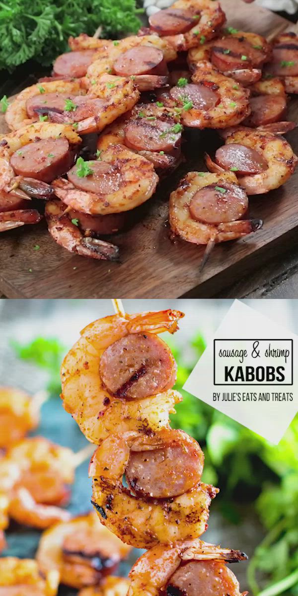 This may contain: grilled shrimp and sausage kabobs on skewers