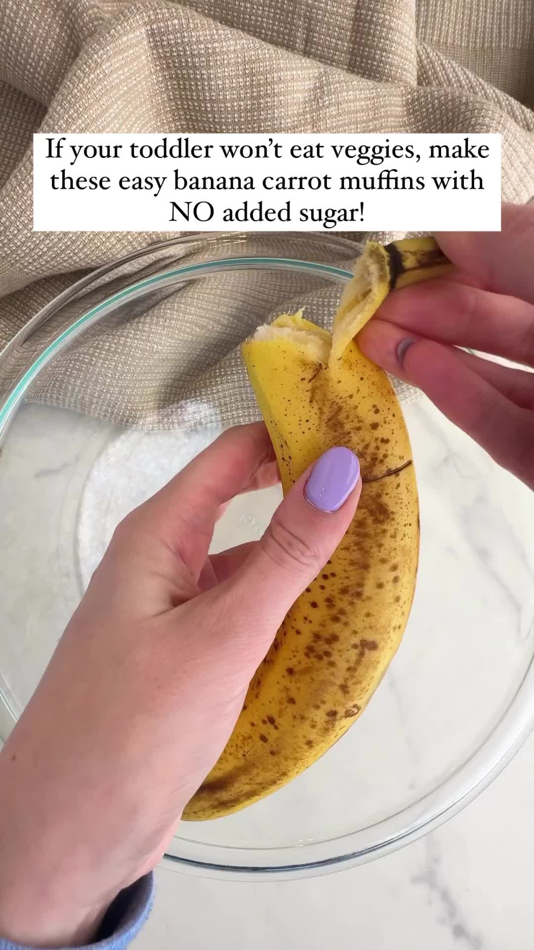 This may contain: a person holding a plate with some muffins on it, and the caption reads if your toddler won't eat veggies, make the easy these easy banana carrot muffins with no added sugar