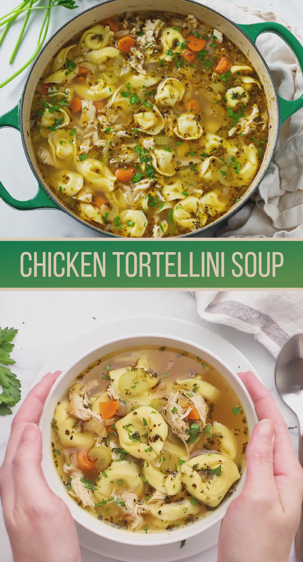 This contains: top portion is chicken tortellini soup in a skillet. Bottom portion is video of chicken tortellini soup being made.