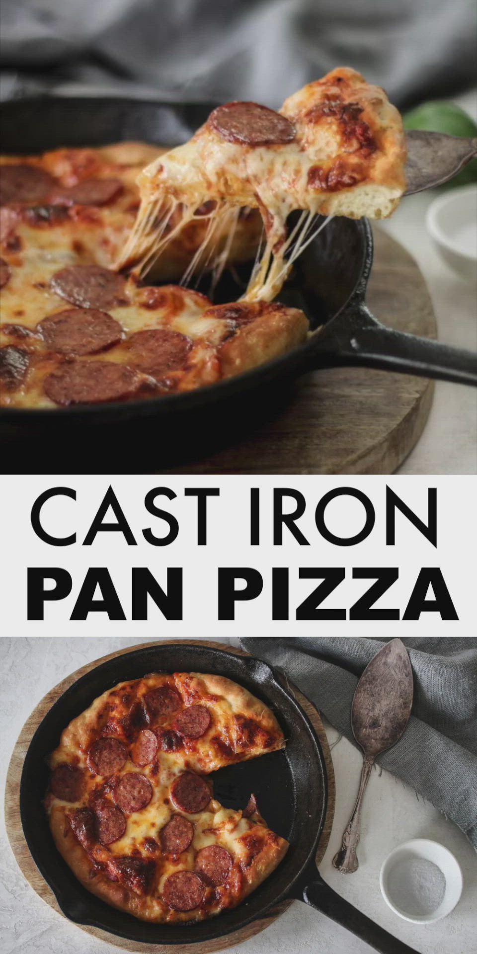 This may contain: the cast iron pan pizza is ready to be eaten