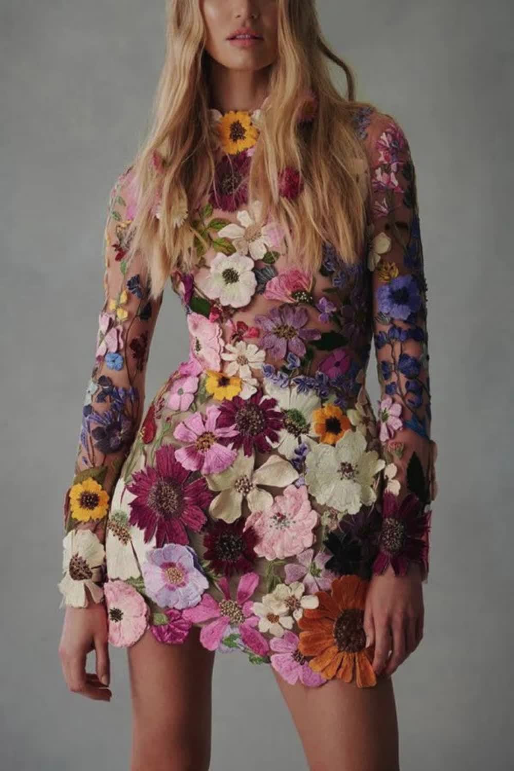 The "Elegantly Enchanted" floral appliqué backless long sleeve mini dress embodies grace and allure. Featuring intricate floral detailing and a captivating backless design, it exudes sophistication and charm. Perfect for special occasions, this dress is sure to enchant all who behold its beauty.