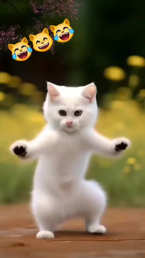 This may contain: a white cat standing on its hind legs with two emoticions in the background