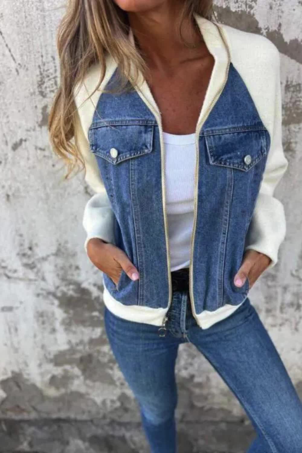 This women's denim knitted patchwork hooded jacket offers a unique blend of casual denim and soft knit fabric. Featuring a comfortable hood and stylish patchwork design, it's perfect for layering and adds a modern touch to any casual outfit.