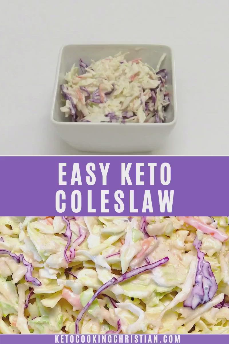 This may contain: two pictures with the words easy keto coleslaw in purple and white text