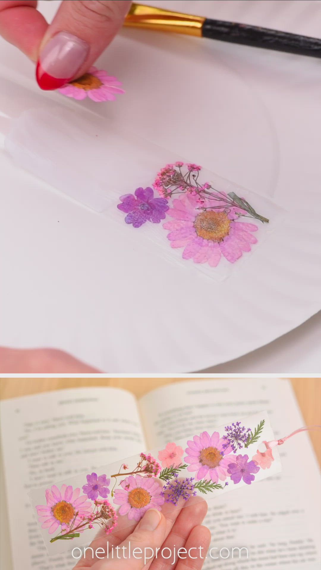 This contains: Video showing how to make a pressed flower bookmark using Mod Podge and transparency film