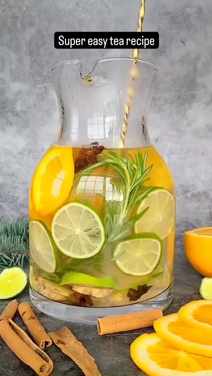 This may contain: a pitcher filled with lemons and herbs next to sliced oranges, cinnamon sticks and spices