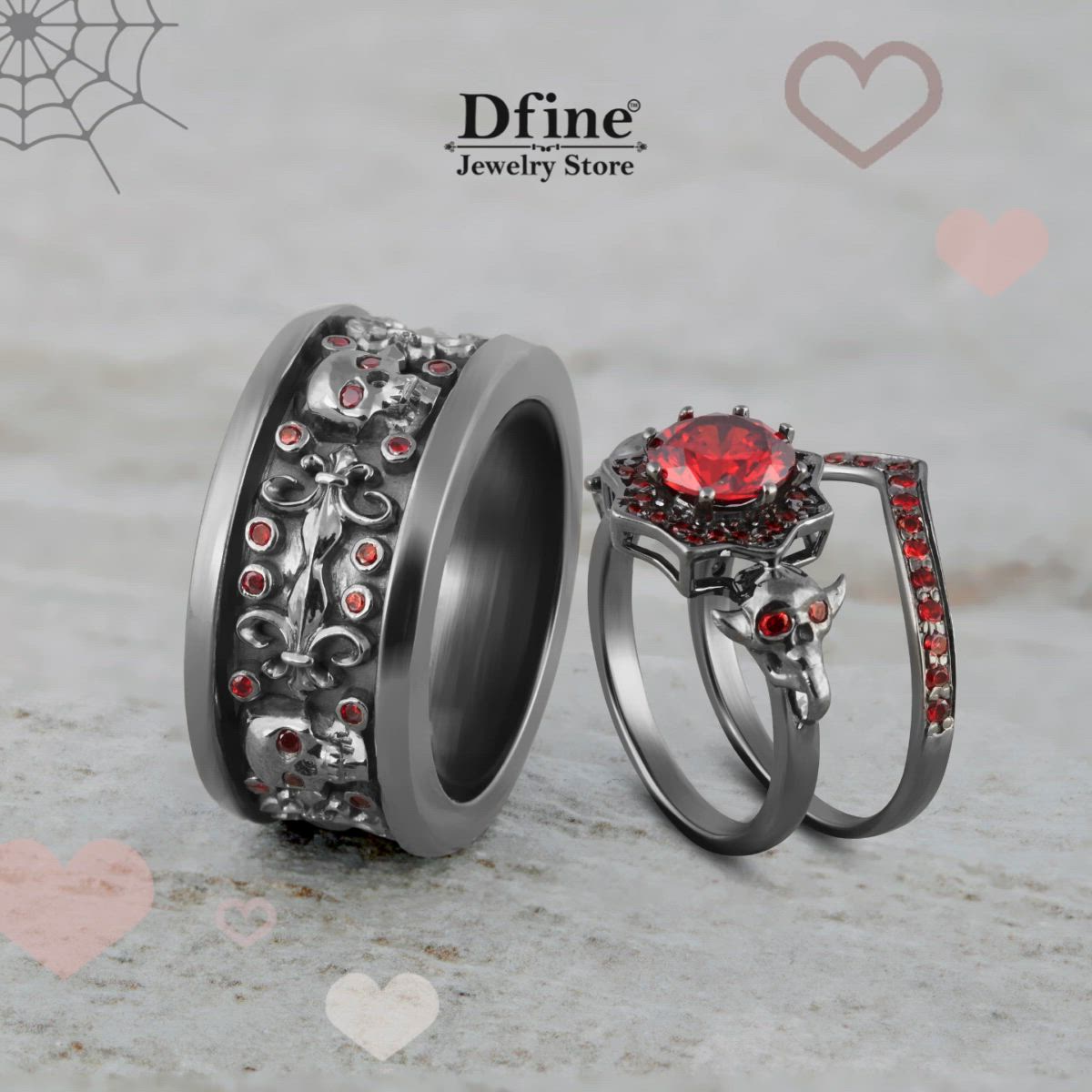 This contains: Skull Rings, Skull Wedding Rings, Skull engagement Rings, Couple Rings, Skull Jewelry, Matching Rings, His and Her Promise Ring Set, Bridal Ring Set, Gothic Rings, Trio Rings, Red Garnet Gemstone, Memento Mori, Red and Black, Dark Vampire Spooky Witch Goth