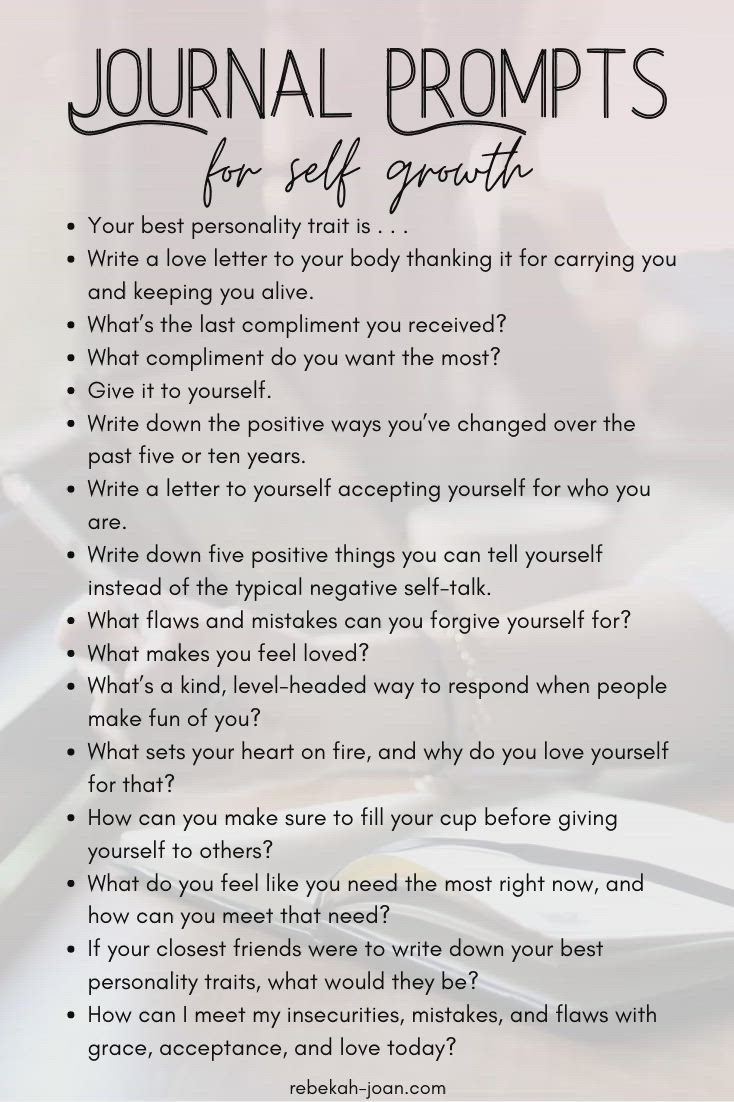 A great self love practice is personal growth journal prompts. This is a great way to get to know yourself through journaling, and it's also a form of self care if you use self love journal prompts. Overall, these writing prompts are meant to guide you through personal development, improving your mindset, + helping you manage stress. Journal out your thoughts with these writing prompts for self reflection, discovery, inspiration, and motivation. #journaling #journalprompts #selfimprovement