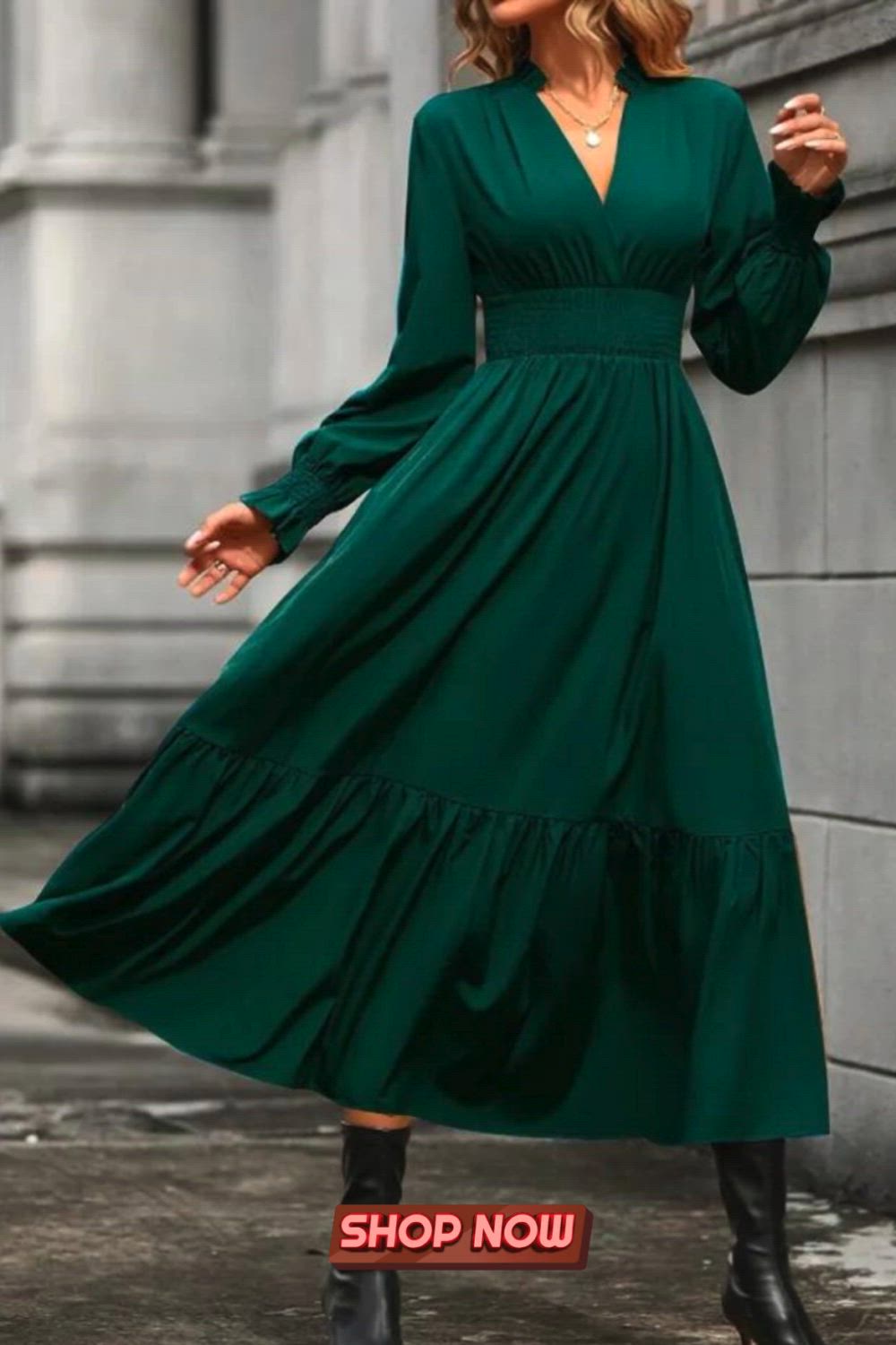 Shirred High Waist Solid Dress, Elegant V Neck Long Sleeve Dress