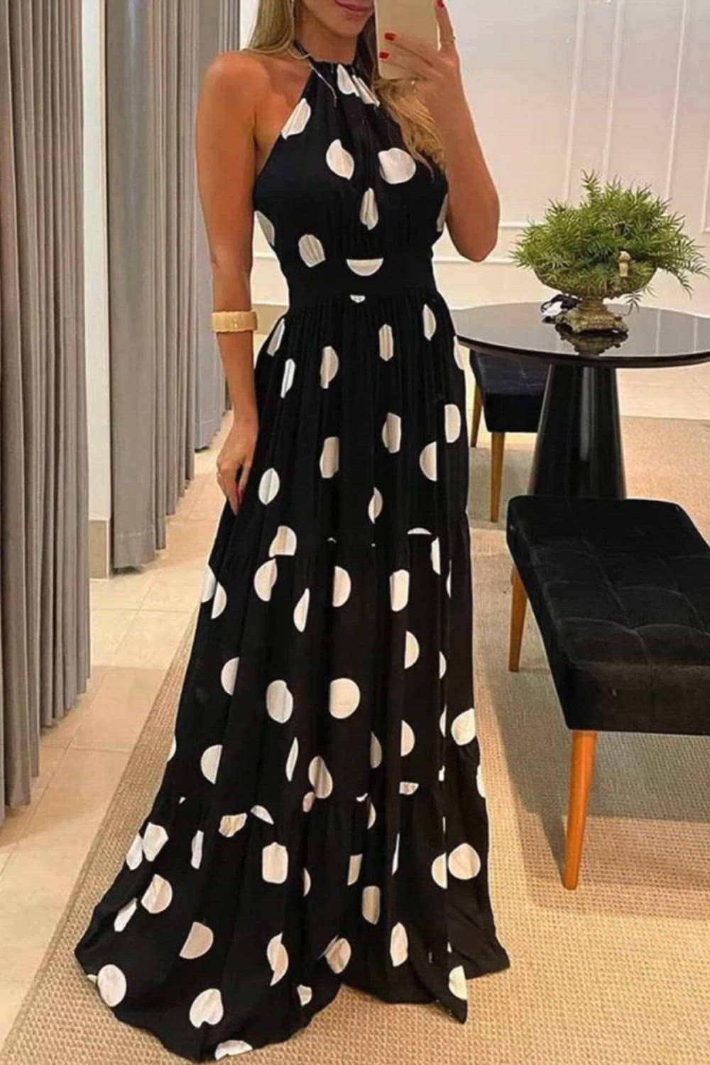 Unleash your allure in our Sexy Dot Print Halter Maxi Dress. The captivating dot pattern meets a tantalizing halter neckline, creating a stunning fusion of style and sensuality. This maxi dress is designed to enhance your confidence, featuring a flowy silhouette that gracefully follows your every move. Whether it's a special occasion or a night out, this dress is the epitome of chic sophistication, ensuring you turn heads with every step.