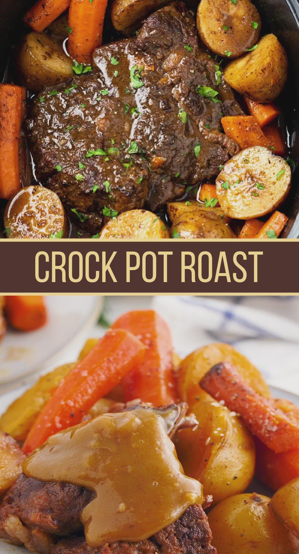 This contains: top portion is crock pot roast. bottom portion is video of crock pot roast being made