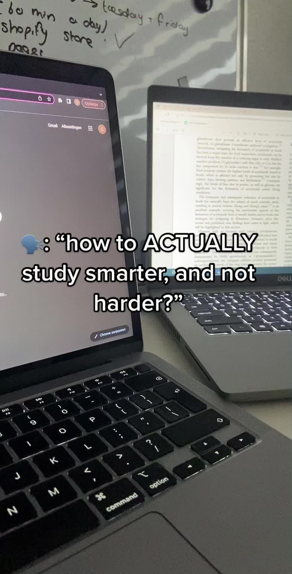 This may contain: an open laptop computer sitting on top of a desk next to a monitor with the caption how to actually study smarter, and not harder?