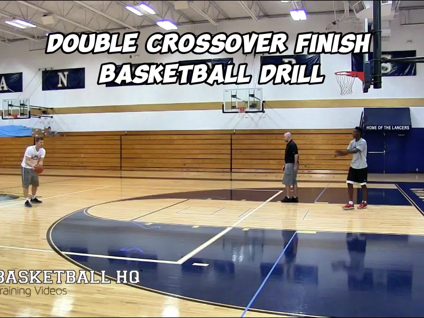 This may contain: three men are playing basketball in an indoor court with the words double crossoverer finish basketball drill