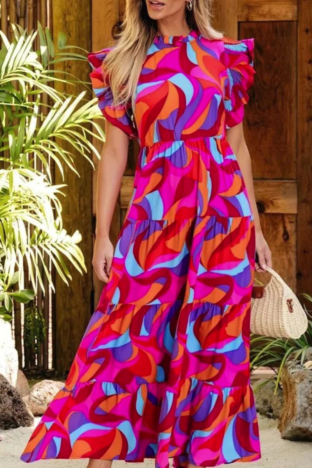 Allover Print Ruffle Hem Maxi Dress, Casual Shirred Flutter Sleeve Flowy Dress For Spring & Summer