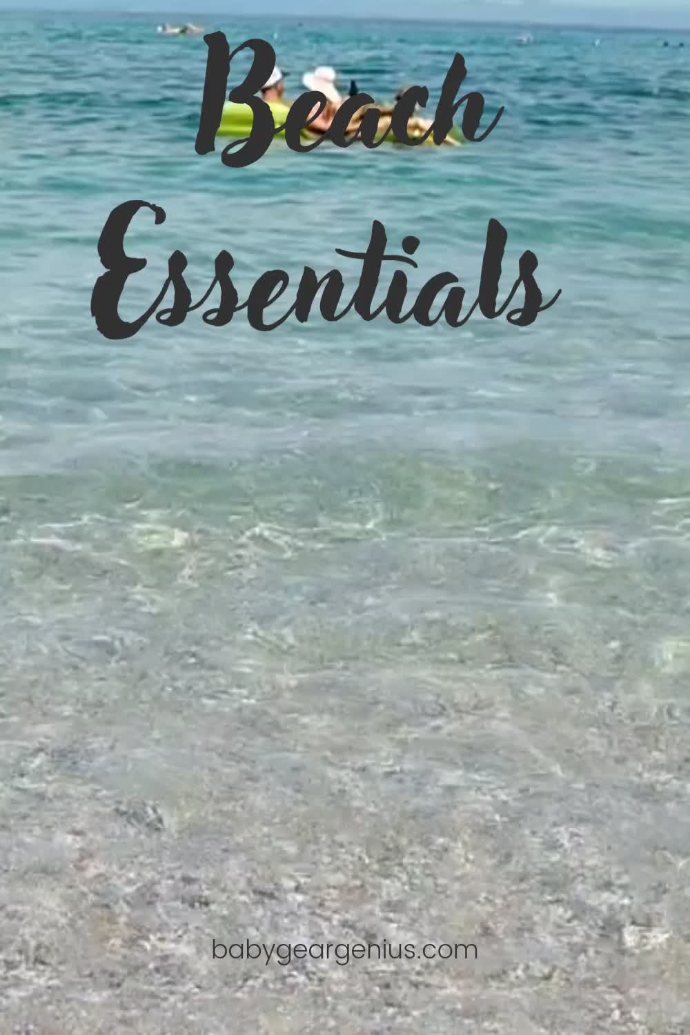 This may contain: the words beach essentials written in black on top of an image of clear blue water