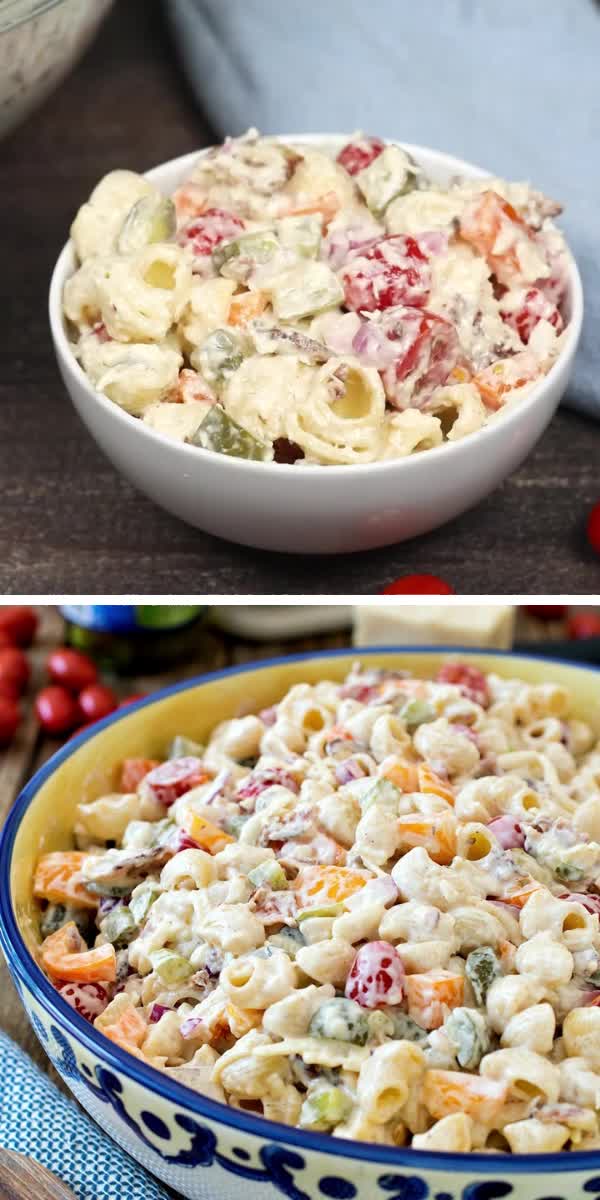 This contains: Dill Pickle Bacon Ranch Pasta Salad