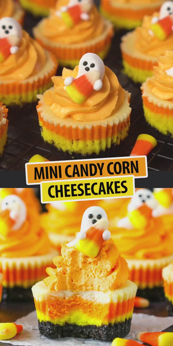 This may contain: mini candy corn cheesecakes with orange frosting