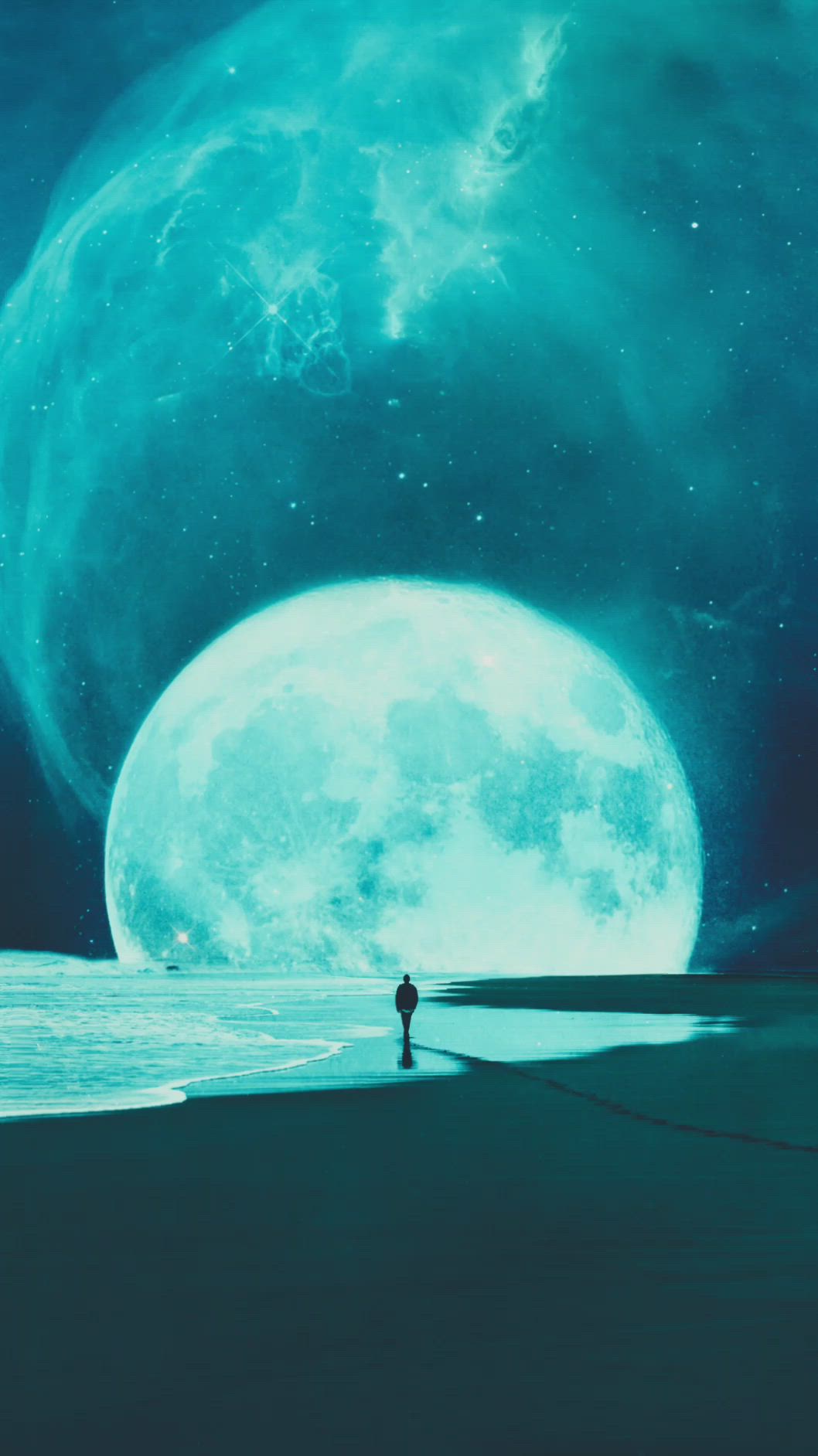 This may contain: a person standing in front of a large blue moon