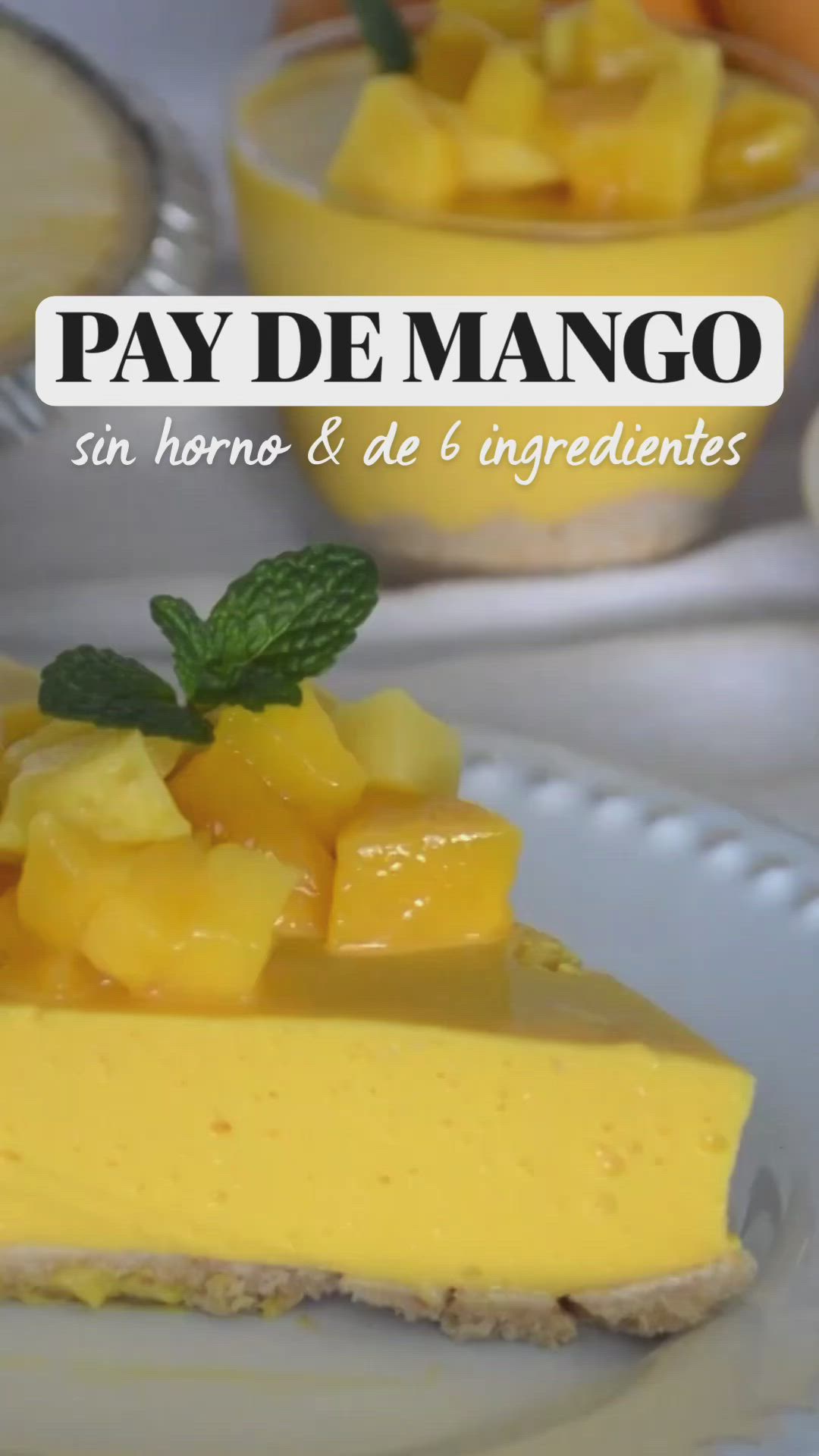 This may contain: there is a piece of cheesecake with fruit on it and the words pay de mango written in spanish