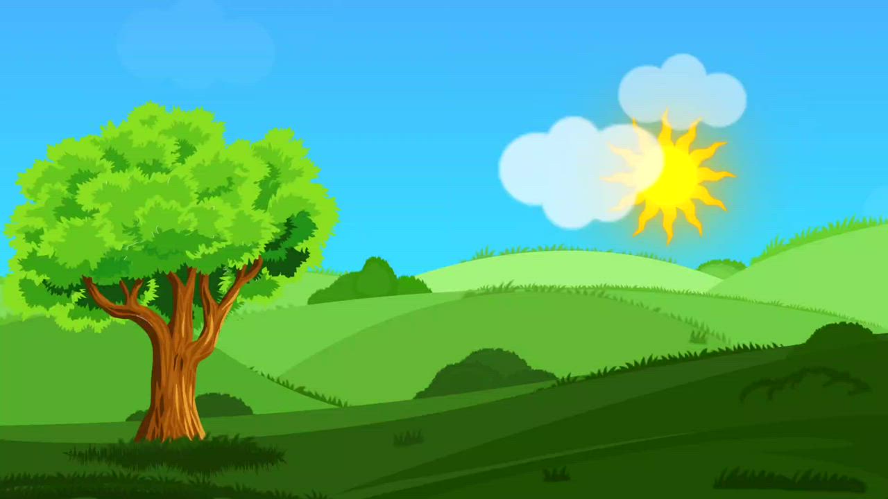 This may contain: the sun shines brightly over green hills and trees