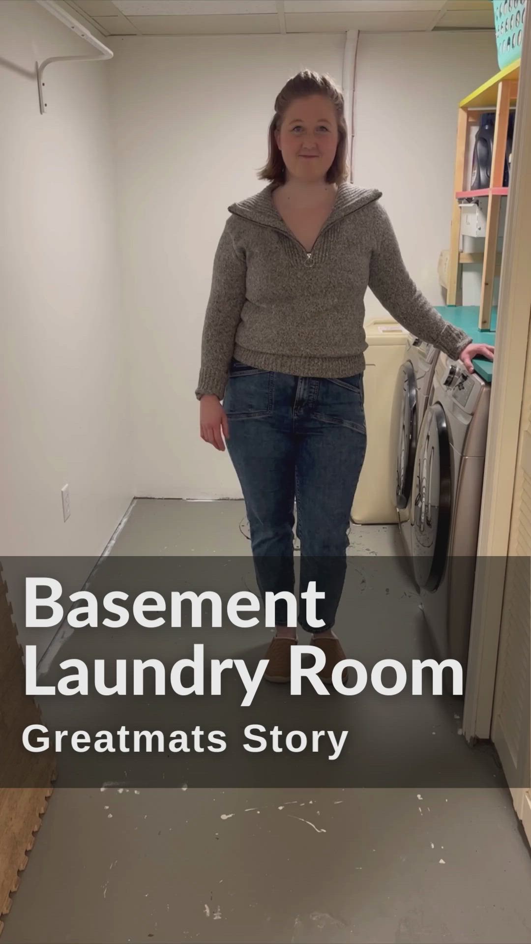 This contains: video of woman installing wood grain foam tiles in basement laundry room over concrete flooring