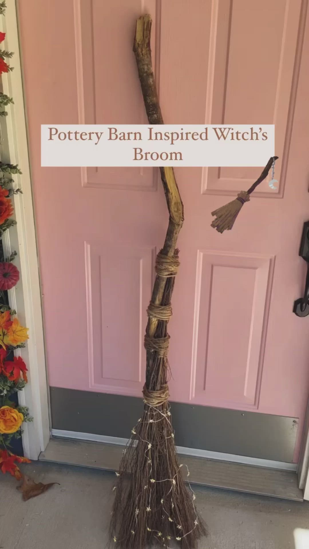 This may contain: a broom sitting in front of a pink door with the words pottery barn inspired witch's broom